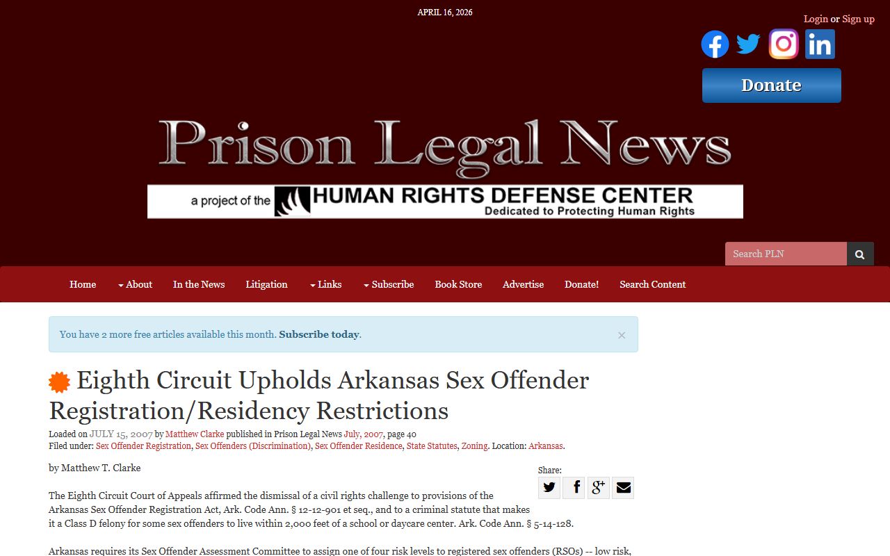 Arkansas sex offender residency restriction court decision